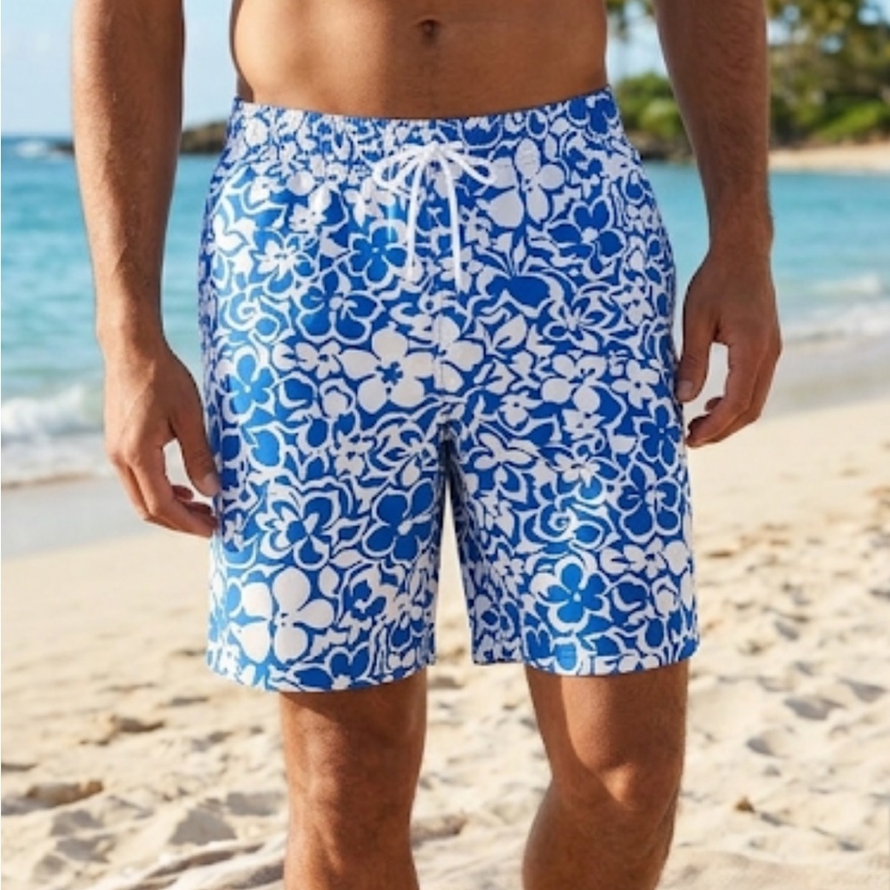 Lands'‎ End Men's Tropical Hibiscus Swim Trunks - Size L (36-38)
